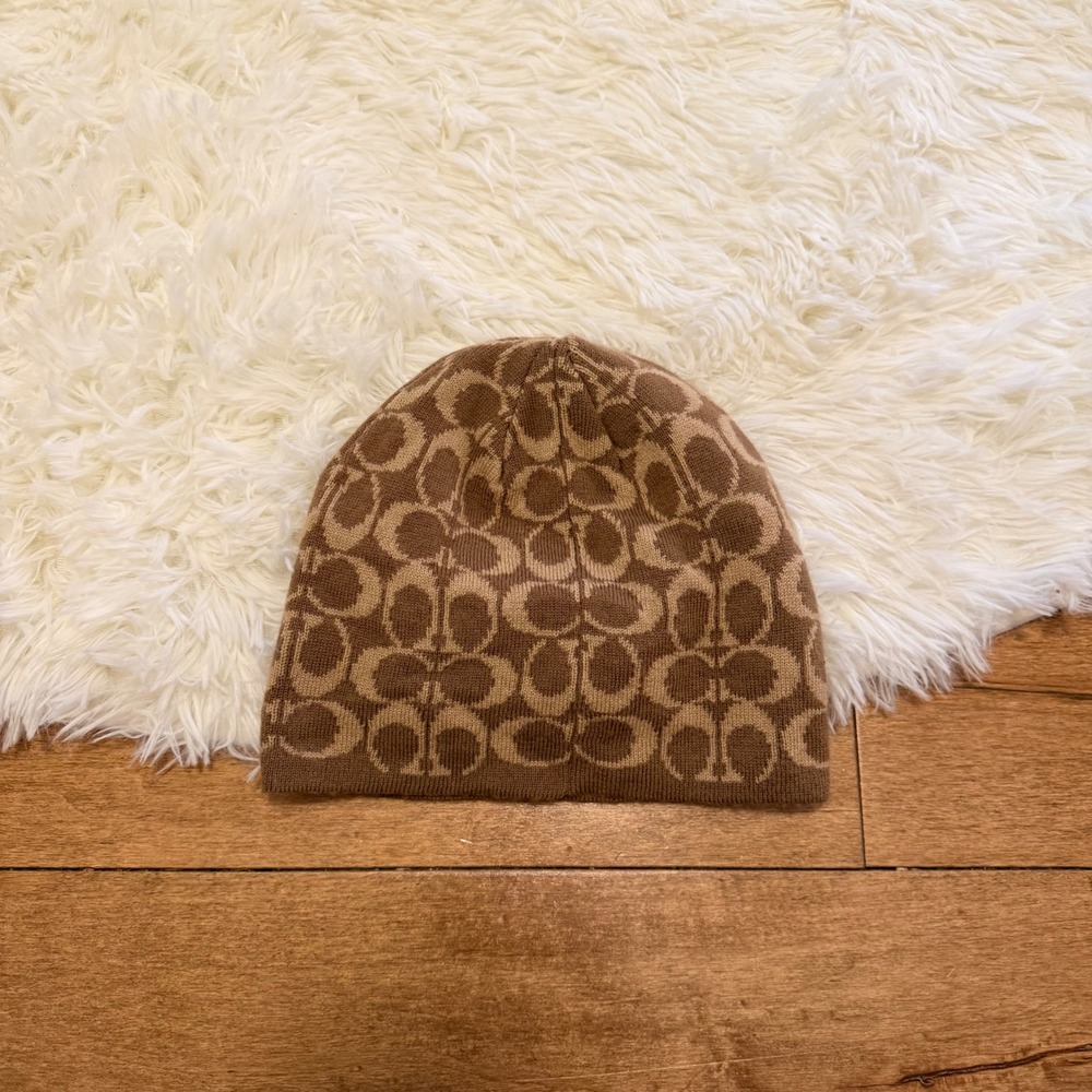 Coach Signature Monogram Beanie Brown Tan Wool Blend Hat Unisex O/S Streetwear